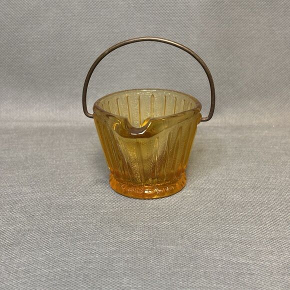 Vntg Toothpick/Ashtray Hazel Atlas Coal Bucket w/Handle Amber Depression Glass - Picture 4 of 9